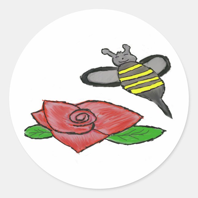 Pegatina Redonda Rosas Abeja negra amarilla (Anverso)
