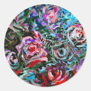 Pegatina Redonda Rosas abstractos en el rojo y la turquesa -