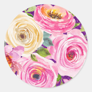 Pegatina Redonda Rosas acuarela en rosa y crema con brillo púrpura
