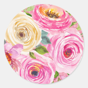 Pegatina Redonda Rosas acuarela en rosa y crema con brillo rosa