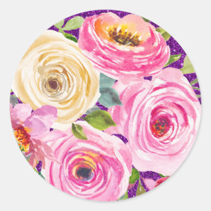 Pegatina Redonda Rosas acuarela en rosa y crema con purpurina morad