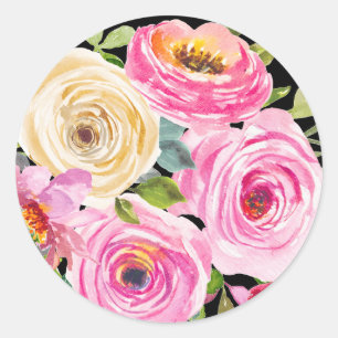 Pegatina Redonda Rosas acuarela en rosa y crema sobre negro