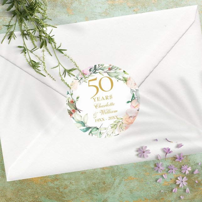 Pegatina Redonda Rosas acuarela Garland 50º aniversario (Roses Watercolor Garland 50th Anniversary Classic Round Sticker)