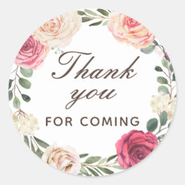 Pegatina Redonda Rosas acuarelas. Floral gracias por venir Clas