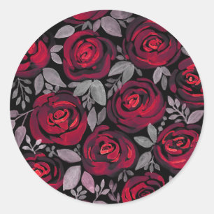 Pegatina Redonda Rosas acuarelas, rosas rojas sobre negro