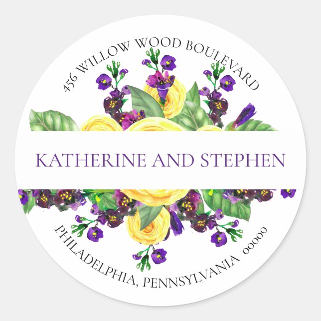 Pegatina Redonda Rosas Amarillas | Dirección de devolución de flore (Anverso)