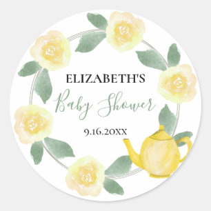 Pegatina Redonda Rosas amarillas y Baby Shower en tetera