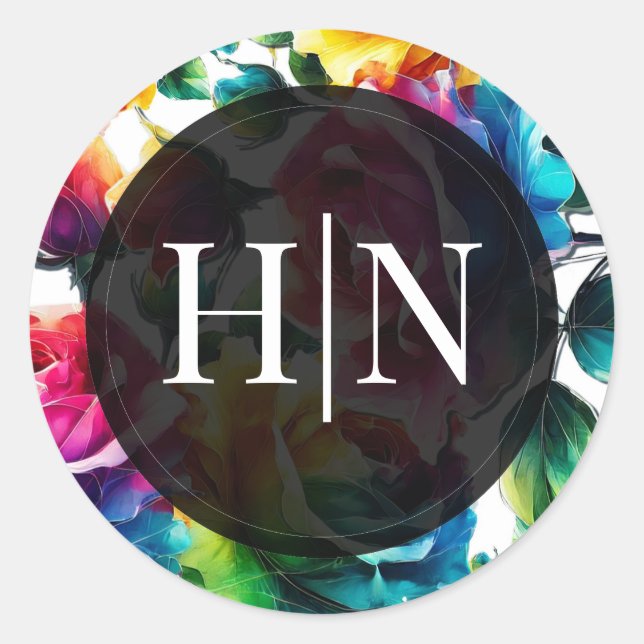 Pegatina Redonda Rosas arcoiris Boda floral vibrante blanco y negro (Anverso)