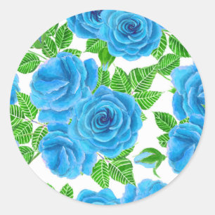 Pegatina Redonda Rosas azules acuarela patrón transparente