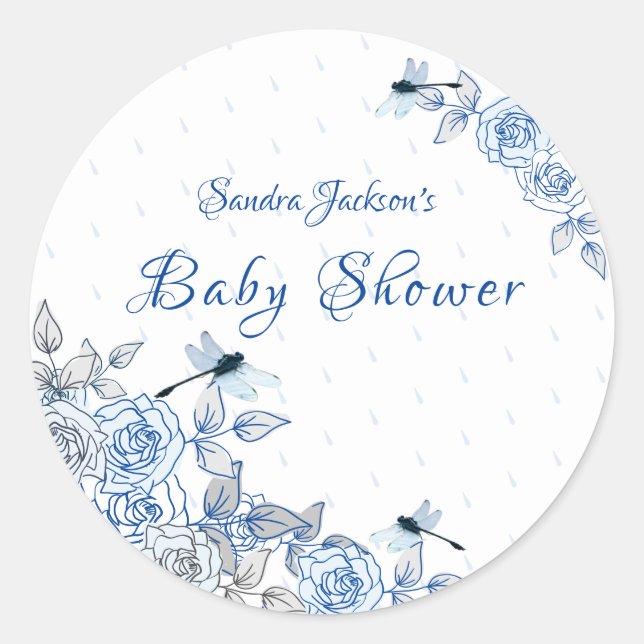 Pegatina Redonda Rosas azules Dragonfly Boy Baby Shower (Anverso)