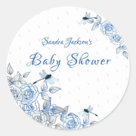 Pegatina Redonda Rosas azules Dragonfly Boy Baby Shower