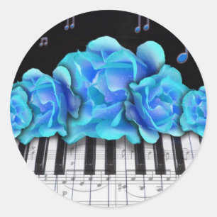 Pegatina Redonda Rosas azules Piano Keyboard and Music Notes