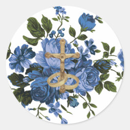 Pegatina Redonda Rosas azules religiosos Floral Gold Crucifix