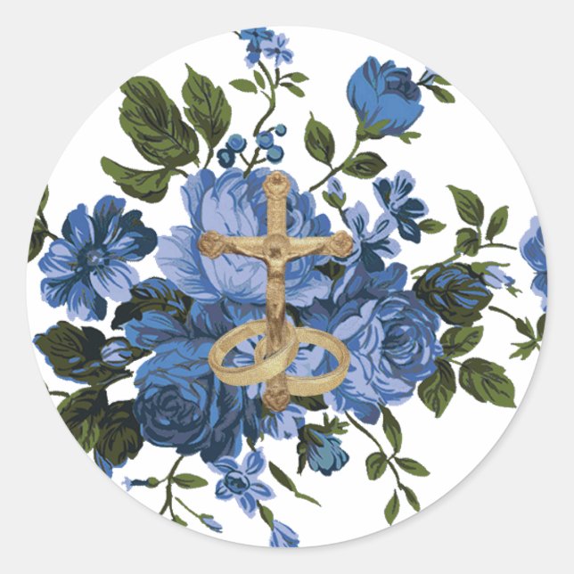 Pegatina Redonda Rosas azules religiosos Floral Gold Crucifix (Anverso)