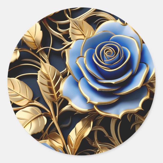 Pegatina Redonda Rosas Azules Y Oro Art Nouveau (Anverso)