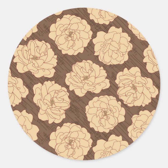 Pegatina Redonda Rosas barrocos de nogal marrón - sin costuras. (Anverso)