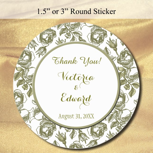Pegatina Redonda Rosas blancos y dorados Personalizado Gracias Pega (Zazzle White and Golden Roses Round Custom Thank You Stickers)