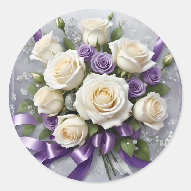 Pegatina Redonda Rosas blancos y lilacos ramo, cintas de lilac (Anverso)