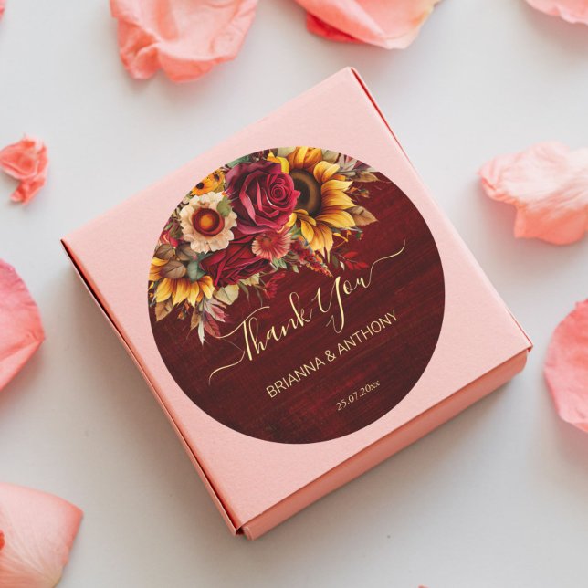 Pegatina Redonda Rosas burdeos de boda otoño girasoles gracias (Subido por el creador)