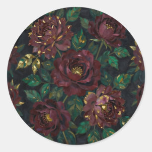 Pegatina Redonda Rosas Burgundy de Lujo con Hojas de Oro Floral