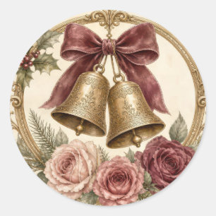 Pegatina Redonda Rosas Burgundy Vintage Campanas de Navidad Doradas