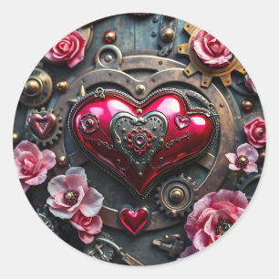 Pegatina Redonda Rosas, Corazón de Cobre y Engranajes Metalizado St