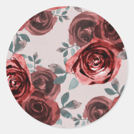 Pegatina Redonda Rosas de acuarela Burgundy Taupe Verde Vegetación 