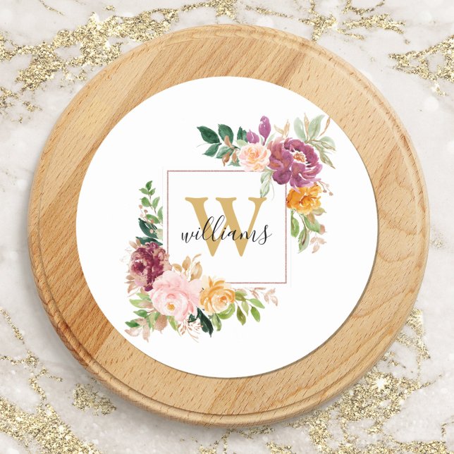 Pegatina Redonda Rosas de Acuarela con Flores Doradas Monograma Flo (In situ)