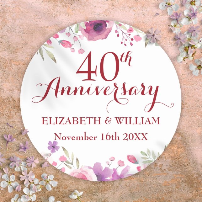 Pegatina Redonda rosas de acuarela del 40° aniversario de Ruby Boda (40th Ruby Wedding Anniversary Watercolor Roses Classic Round Sticker)
