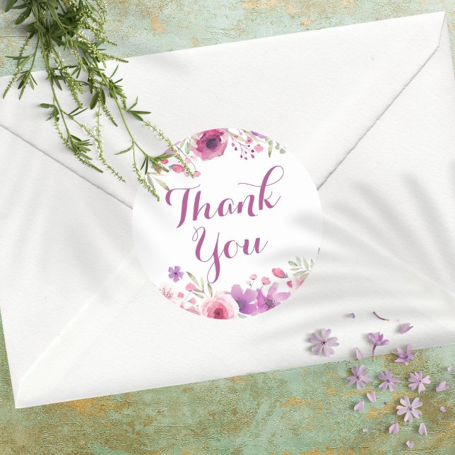 Pegatina Redonda Rosas de acuarela Gracias (Watercolour Roses Thank You Classic Round Sticker)