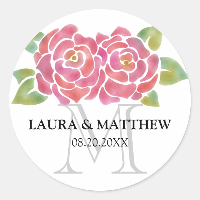 Pegatina Redonda Rosas de acuarela Pegatinas de monograma a favor d (Anverso)