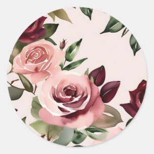 Pegatina Redonda Rosas de acuarela románticos de florecimiento borg