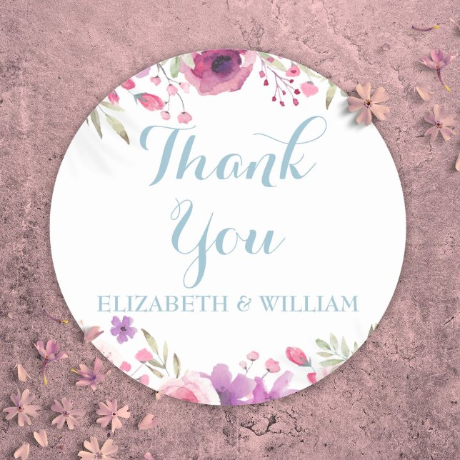 Pegatina Redonda Rosas de acuarela Script Gracias Nombres (Watercolor Roses Script Thank You Names Classic Round Sticker)