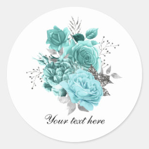 Pegatina Redonda Rosas de boda azul verdoso elegantes personalizabl