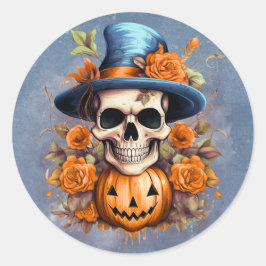 Pegatina Redonda Rosas de calabaza de cráneo de Halloween
