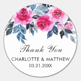 Pegatina Redonda Rosas de color de agua rosa Boda Gracias