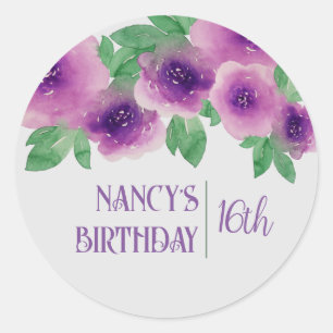 Pegatina Redonda Rosas de color morado 16º cumpleaños