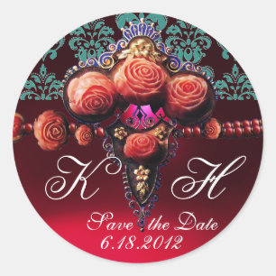 PEGATINA REDONDA ROSAS DE CORAL ROJO, BURGUNDY RUBY DAMASK MONOGRAM