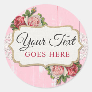 Pegatina Redonda Rosas de cosecha de madera rústica de color rosa f