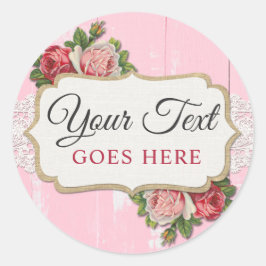 Pegatina Redonda Rosas de cosecha de madera rústica de color rosa f