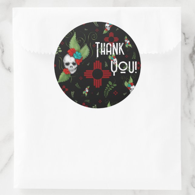 Pegatina Redonda Rosas de cráneo Zia Sun Greenery Nuevo México Negr (Bolso)
