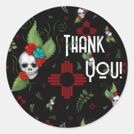 Pegatina Redonda Rosas de cráneo Zia Sun Greenery Nuevo México Negr
