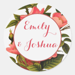 Pegatina Redonda Rosas de época bello botánico rosado