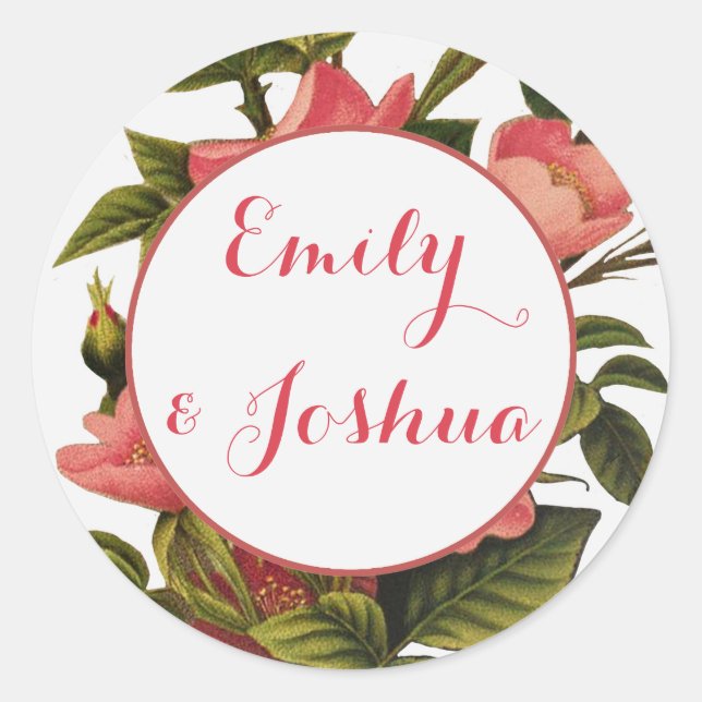 Pegatina Redonda Rosas de época bello botánico rosado (Anverso)