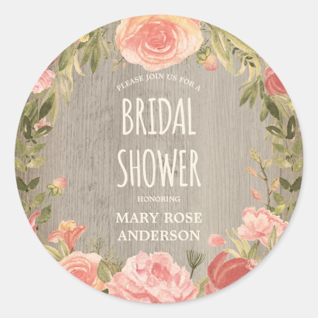 Pegatina Redonda Rosas de época y madera rústica | Ducha nupcial fl (Anverso)