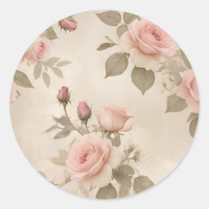 Pegatina Redonda Rosas de época y maricones de fondo beige