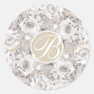 Pegatina Redonda Rosas de Invierno Rústicas Blancas Monograma Letra