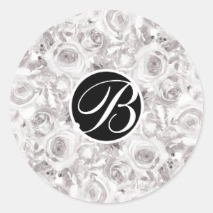 Pegatina Redonda Rosas de Invierno Rústicas Blancas Monograma Letra