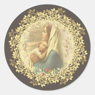 Pegatina Redonda Rosas de Jesús del bebé de Maria de la madre de la