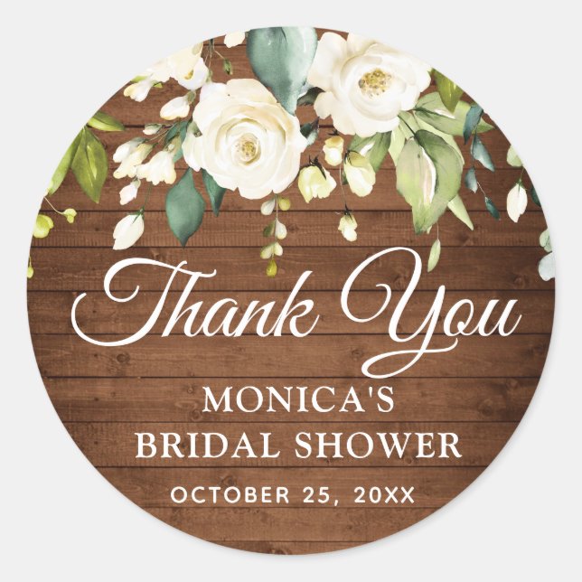Pegatina Redonda Rosas de Madera Blanca Floral Shower Nupcial Rústi (Anverso)